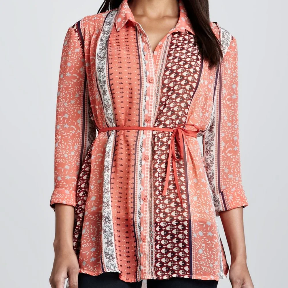 Free People Moonlight Mile Mixed-Print Top in Hot Coral Combo